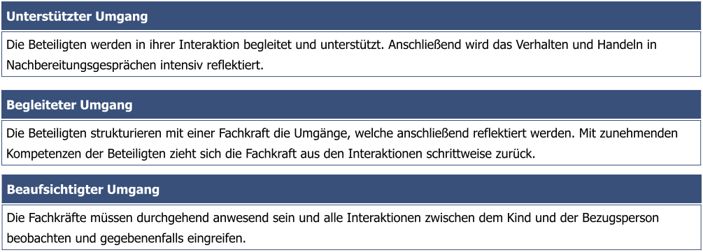 Begleiteter Umgang   Die Beteiligten strukturieren mit einer Fachkraft die Umgänge, welche anschließend reflektiert werden. Mit zunehmenden Kompetenzen der Beteiligten zieht sich die Fachkraft aus den Interaktionen schrittweise zurück. Unterstützter Umgang  Die Beteiligten werden in ihrer Interaktion begleitet und unterstützt. Anschließend wird das Verhalten und Handeln in Nachbereitungsgesprächen intensiv reflektiert. Beaufsichtigter Umgang Die Fachkräfte müssen durchgehend anwesend sein und alle Interaktionen zwischen dem Kind und der Bezugsperson beobachten und gegebenenfalls eingreifen.