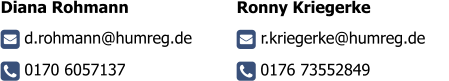 Diana Rohmann      d.rohmann@humreg.de      0170 6057137     Ronny Kriegerke     r.kriegerke@humreg.de       0176 73552849