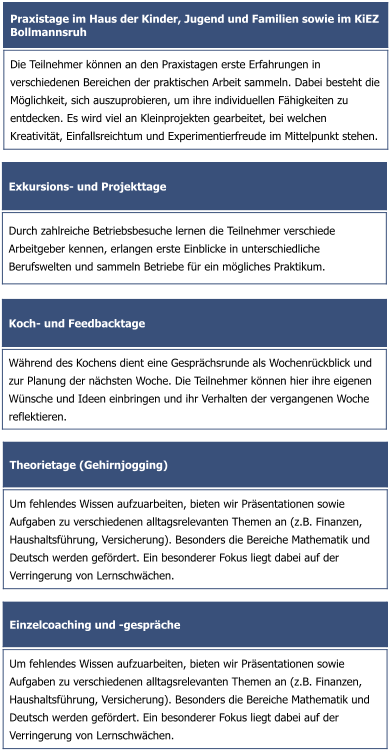 Exkursions- und Projekttage  Durch zahlreiche Betriebsbesuche lernen die Teilnehmer verschiede Arbeitgeber kennen, erlangen erste Einblicke in unterschiedliche Berufswelten und sammeln Betriebe für ein mögliches Praktikum.  Praxistage im Haus der Kinder, Jugend und Familien sowie im KiEZ Bollmannsruh Die Teilnehmer können an den Praxistagen erste Erfahrungen in verschiedenen Bereichen der praktischen Arbeit sammeln. Dabei besteht die Möglichkeit, sich auszuprobieren, um ihre individuellen Fähigkeiten zu entdecken. Es wird viel an Kleinprojekten gearbeitet, bei welchen Kreativität, Einfallsreichtum und Experimentierfreude im Mittelpunkt stehen. Koch- und Feedbacktage Während des Kochens dient eine Gesprächsrunde als Wochenrückblick und zur Planung der nächsten Woche. Die Teilnehmer können hier ihre eigenen Wünsche und Ideen einbringen und ihr Verhalten der vergangenen Woche reflektieren. Theorietage (Gehirnjogging) Um fehlendes Wissen aufzuarbeiten, bieten wir Präsentationen sowie Aufgaben zu verschiedenen alltagsrelevanten Themen an (z.B. Finanzen, Haushaltsführung, Versicherung). Besonders die Bereiche Mathematik und Deutsch werden gefördert. Ein besonderer Fokus liegt dabei auf der Verringerung von Lernschwächen. Einzelcoaching und -gespräche Um fehlendes Wissen aufzuarbeiten, bieten wir Präsentationen sowie Aufgaben zu verschiedenen alltagsrelevanten Themen an (z.B. Finanzen, Haushaltsführung, Versicherung). Besonders die Bereiche Mathematik und Deutsch werden gefördert. Ein besonderer Fokus liegt dabei auf der Verringerung von Lernschwächen.